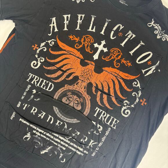 Vintage y2k Affliction Authentic Tried True Men's Large Orange and Black T-Shirt - Picture 2 of 8